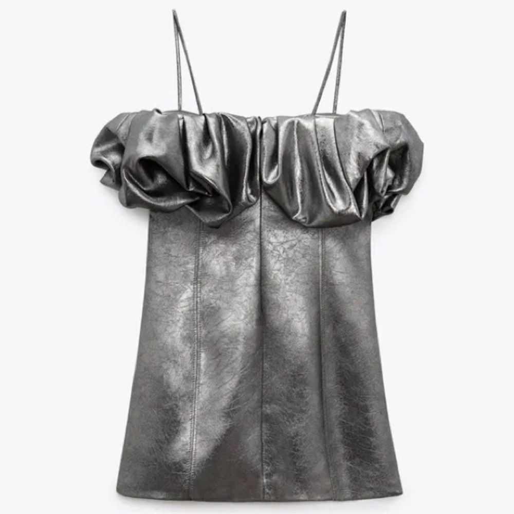 Zara Metallic Silver Ruffle Mini Dress - Picture 3 of 13